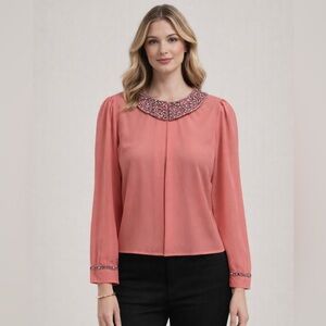 Elegant Pink Women's Top with Embellished Collar